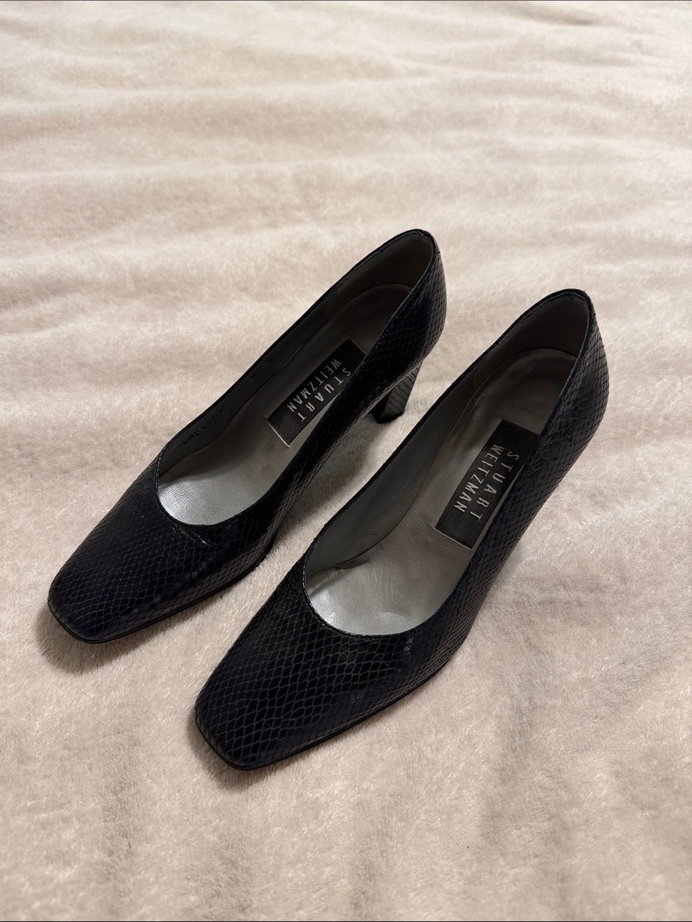 Stuart Weitzman Black Snakeskin Square-Toe Mid-Heel Pumps
